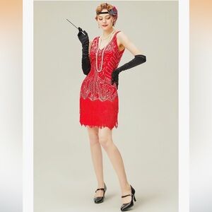 BABEYOND 1920’S Red Flapper Midi Sleeveless Dress Size Large